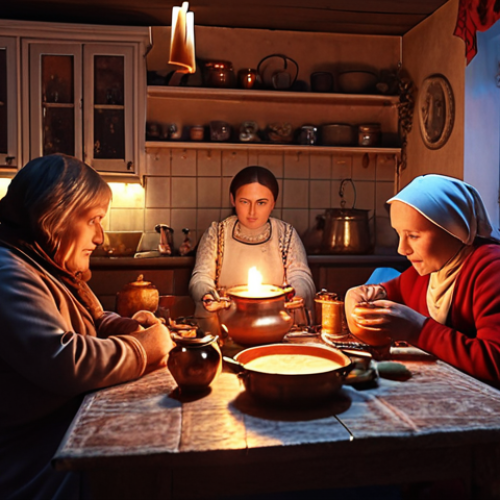Home 6 **A cozy Russian kitchen at dusk, lit by candlelight. A family gathers around a table, telling stories. Samovar is steaming.**