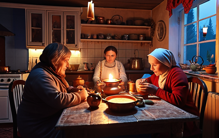 **A cozy Russian kitchen at dusk, lit by candlelight. A family gathers around a table, telling stories. Samovar is steaming.**