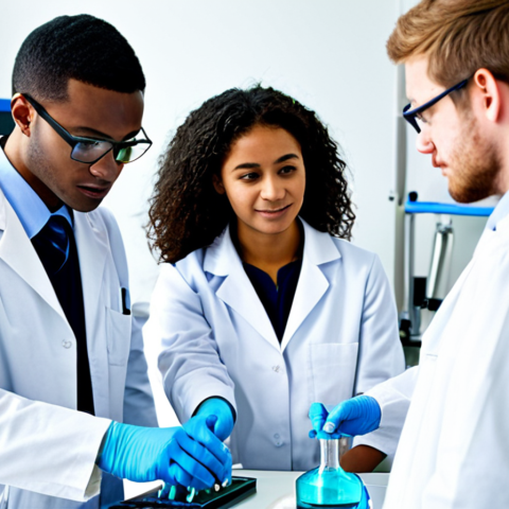 물리학 학문적 커리어와 산업적 커리어 비교 - Academic Career**
"A group of young, diverse scientists in lab coats, fully clothed, collaborating ...