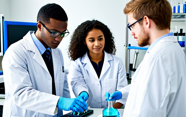 물리학 학문적 커리어와 산업적 커리어 비교 - Academic Career**
"A group of young, diverse scientists in lab coats, fully clothed, collaborating ...