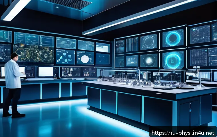 이론 물리학과 실험 물리학의 차이 - A modern physics laboratory scene featuring diverse international scientists collaborating around ad...