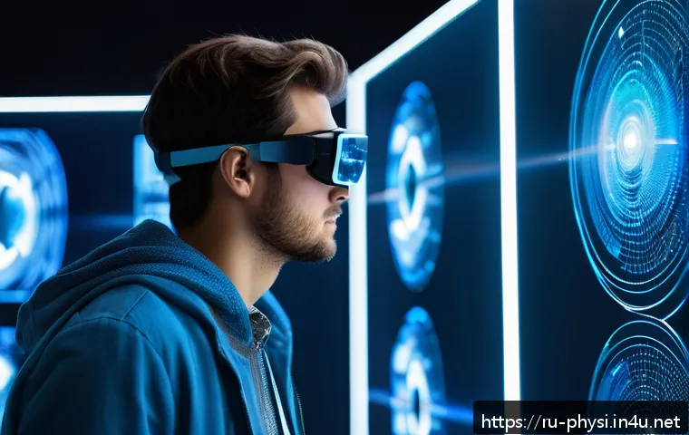 물리학 실험을 위한 시뮬레이션 소프트웨어 - A modern virtual physics laboratory interior featuring a young adult male scientist wearing casual c...