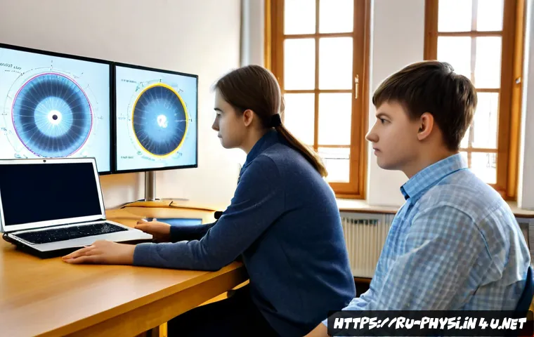 Home 17 물리학 프로그래밍 언어 선택 - Photorealistic university physics lab in Russia, thoughtful young researcher comparing two open lapt...